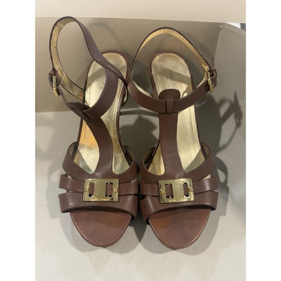 Marc Fisher Leather T-Strap Adj Buckle Platform Heels Brown 10M MFVARIKA2 - Picture 1 of 16